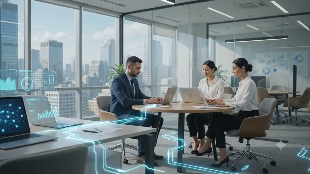 Equipo trabajando con IA en una oficina moderna