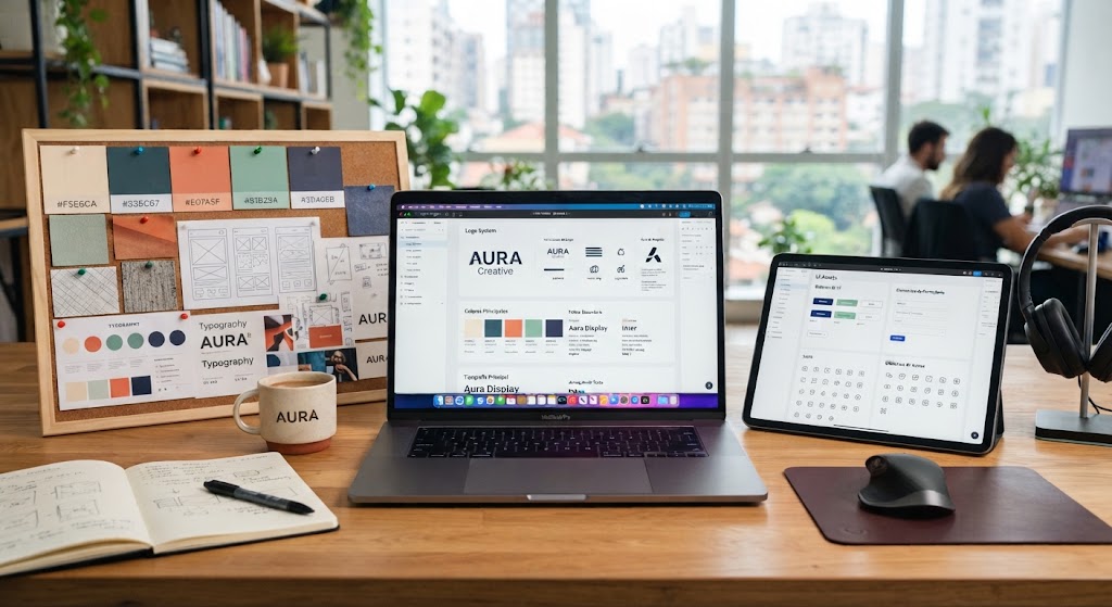 Sistema de marca digital en laptop y tablet