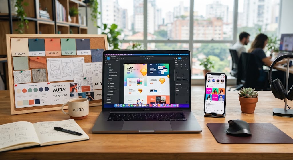 Mesa de trabajo creativa con diseño web y redes sociales