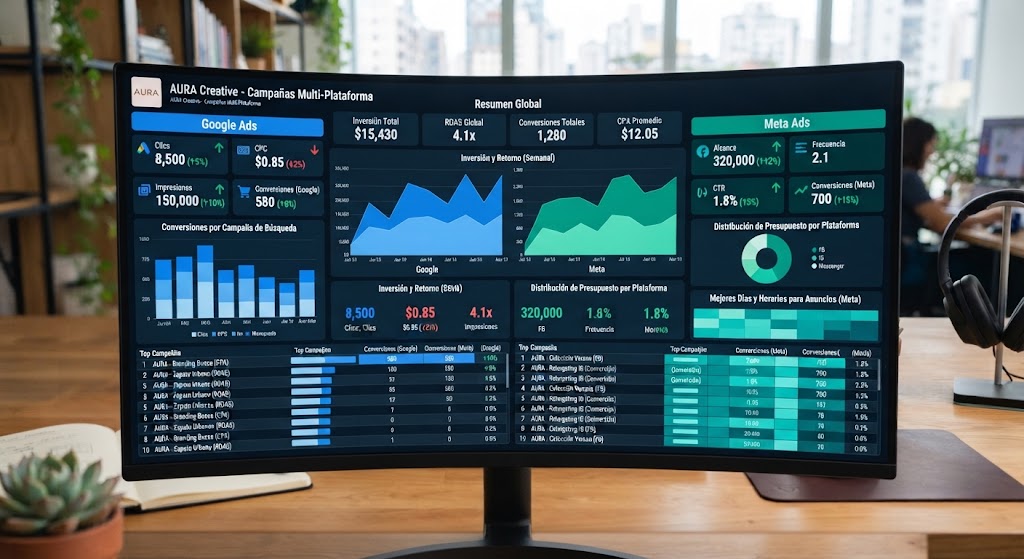 Dashboard de campañas de Google Ads y Meta Ads